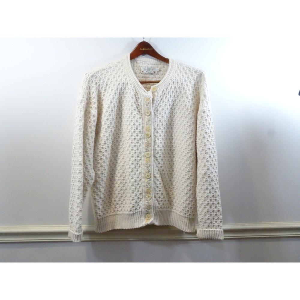 Orvis Cream Cotton Pointelle Knit Cardigan Floral Trim Made in USA Large Chunky
